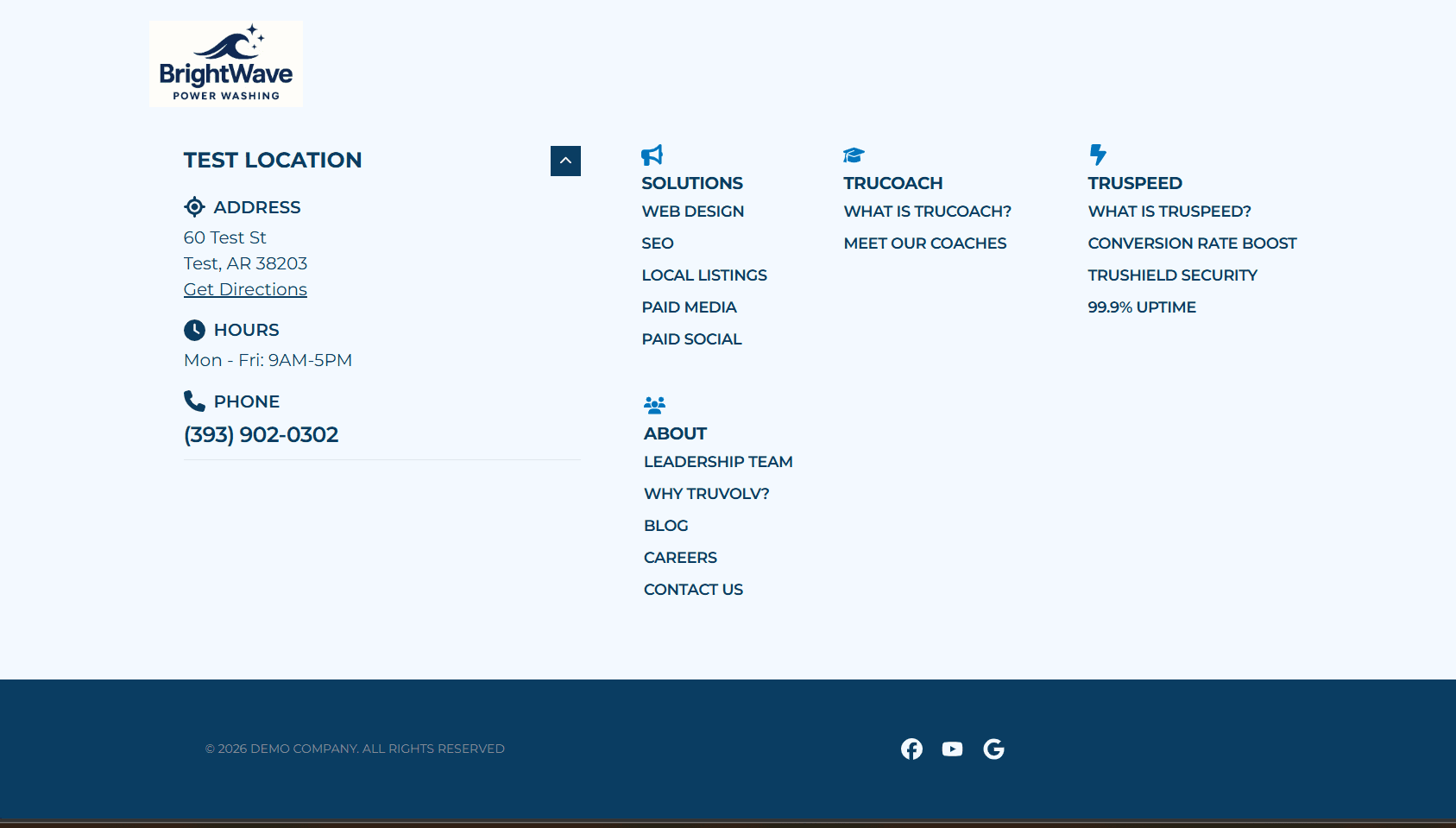 BrightWave Power Washing footer section showing test location address, hours, phone number, and navigation links for solutions, trucoach, and truspeed services