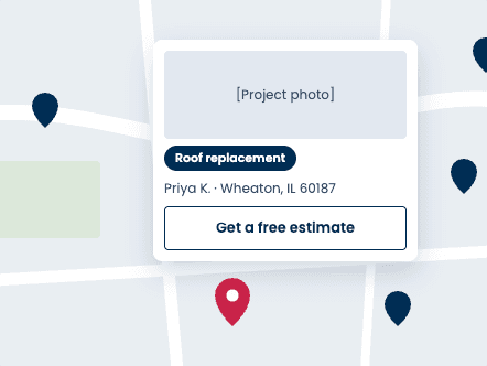 Roof replacement service card for Priya K. in Wheaton, IL with project photo placeholder and get free estimate button on map view